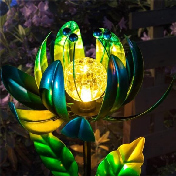 Solar Garden Lights Metal Flower Decor, Colorful Spinning Windmill Lotus Pathway - Picture 2 of 7